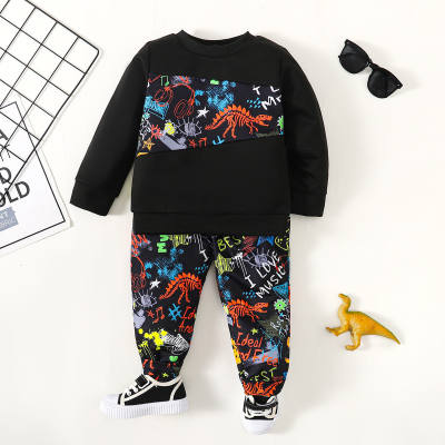 2-piece Toddler Boy Color Block Dinosaur Print Top & Full Dinosaur Print pants