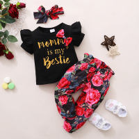 3-teiliges Kurzarm-T-Shirt mit Buchstabenmuster für Kleinkinder und Mädchen mit Schleifendekor, Hosen mit durchgehendem Blumendruck und passendem Kopftuch  Schwarz