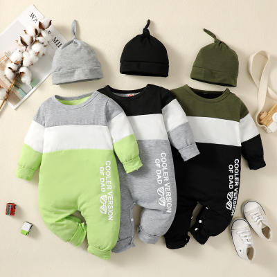 Baby Letter Printed Color-block Long-sleeved Long-leg Romper With Hat