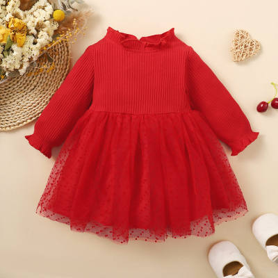 Baby Girl Solid Color Ruffled Ribbed Mesh Patchwork Long Sleeve Dress
