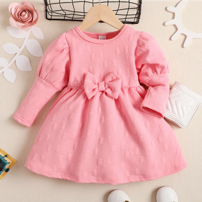 Toddler Girl Solid Color Bowknot Decor Long Sleeve Dress