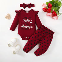 Baby Girl 3 Pieces Letter Graphics Bodysuit & Heart-shaped Pattern Pants & Headband  Burgundy