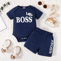 2-piece Baby Boy Letter Printed Short Sleeve Romper & Matching Shorts  Deep Blue