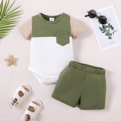 Round neck patchwork romper suit with pockets