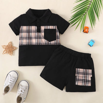 Camiseta y pantalones cortos con cuello de polo y patrón a cuadros con bloque de color casual para bebé niño
