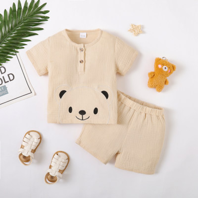 Camiseta de manga curta estilo urso de puro algodão infantil de 2 peças e shorts combinando