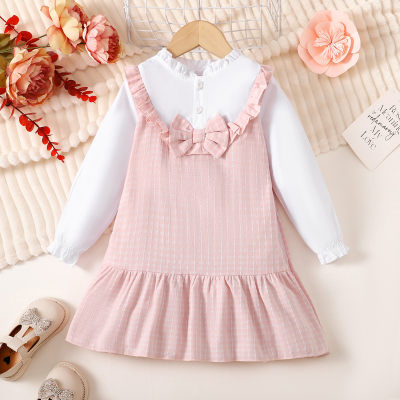 Vestido de manga larga con decoración de lazo y patchwork en bloques de color de algodón puro para niña pequeña
