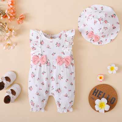 2-piece Baby Girl Pure Cotton Allover Floral Pattern Bowknot Decor Sleeveless Romper & Matching Hat