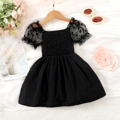 Baby Girl Pure Cotton Solid Color Square Neck Mesh Patchwork Short Sleeve Dress