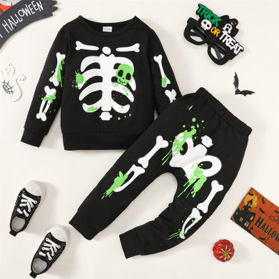 Moletom com estampa de esqueleto estilo Halloween para criança de 2 peças e calças combinando