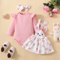 Baby Solid Color Top & Rabbit Pattern Overalls & Bowknot Decor Headband  Pink