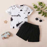2-piece Toddler Boy Tie Dyed Letter Pattern Short Sleeve T-shirt & Solid Color Shorts  White