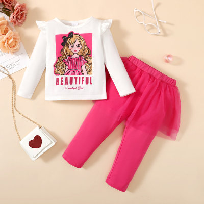 T-shirt a maniche lunghe e leggings in rete per bambina da 2 pezzi con immagini dei cartoni animati