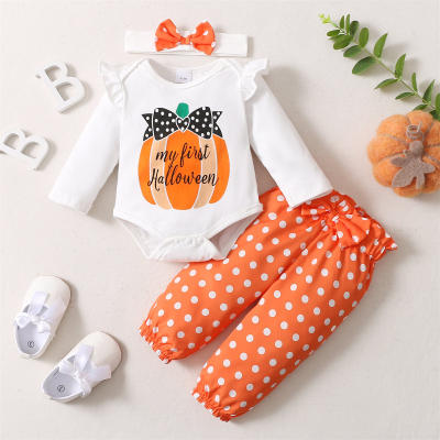 Toddler Halloween Letter Polka Dot Printed T-shirt & Flare Pants with Headband