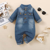 Baby Solid Color Pocket Front Button Decor Shirt Collar Long-sleeved Long-leg Denim Romper  Blue