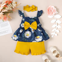3-piece Toddler Girl Floral Printed Bowknot Decor Sleeveless Blouse & Solid Color Shorts & Bowknot Headwrap  Navy Blue