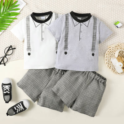 2-piece Toddler Boy Plaid Patchwork Short Sleeve T-shirt & Plaid Shorts