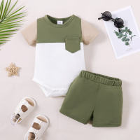Round neck patchwork romper suit with pockets  Army Green