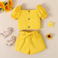Toddler Girls Elegant Solid Color Ruffle Sleeve Top & Bowknot Decor Shorts  Yellow