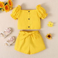 Toddler Girls Elegant Solid Color Ruffle Sleeve Top & Bowknot Decor Shorts  Yellow