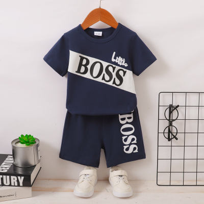 2-piece Toddler Boy Color-block Letter Printed Short Sleeve T-shirt & Matching Shorts