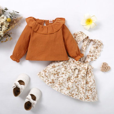 2-piece Baby Girl Pure Cotton Solid Color Ruffled Long Sleeve Top & Floral Bowknot Decor Suspender Dress