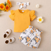 2 peças de camiseta infantil de manga curta de cor lisa e shorts com estampa floral  Gengibre