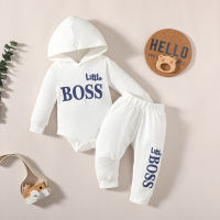 Baby Casual Letter Printed Long Sleeve Hoodie Bodysuit & Trousers  White