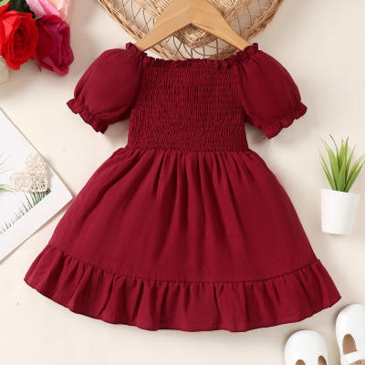 Kleinkind-Mädchen-Kleid aus reiner Baumwolle, einfarbig, mit kurzen Puffärmeln