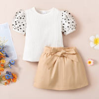 2-piece Toddler Girl Polka Dotted Mesh Patchwork Short Puff Sleeve Top & Solid Color Skirt  White