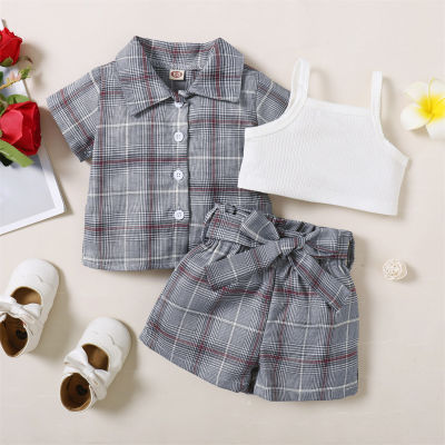 Baby Girl 3 Pieces Solid Color Camisole & Plaid Short-sleeve Shirt & Lace-up Shorts