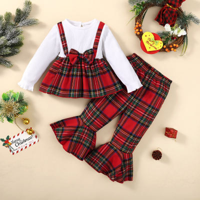 2-piece Toddler Girl 100% Cotton 2 in 1 Plaid Spliced Skirted Bowknot Decor Long Sleeve Top & Plaid Flare Pants