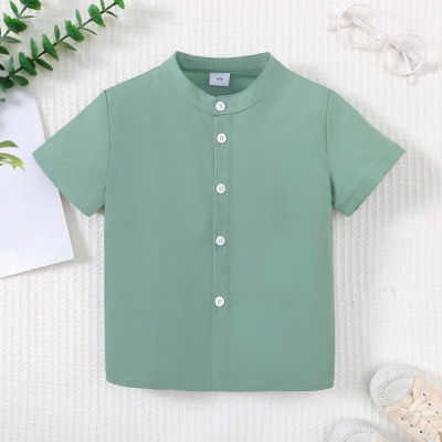 Light green stand-collar button-front short-sleeved top