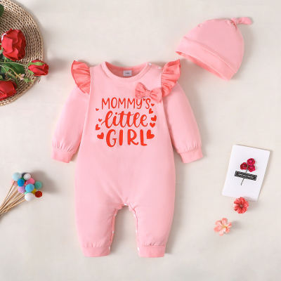 2-piece Baby Girl Solid Color Letter Printed Long Fly Sleeve Long-leg Romper & Infant Hat