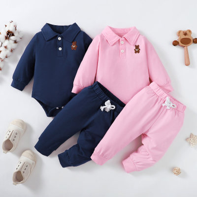 2-piece Baby Solid Color Bear Embroidered Button Front Polo Collar Long Sleeve Romper & Drawstring Pencil Pants