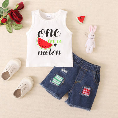 2-piece Toddler Girl Letter and Watermelon Printed Vest & Patchwork Denim Shorts
