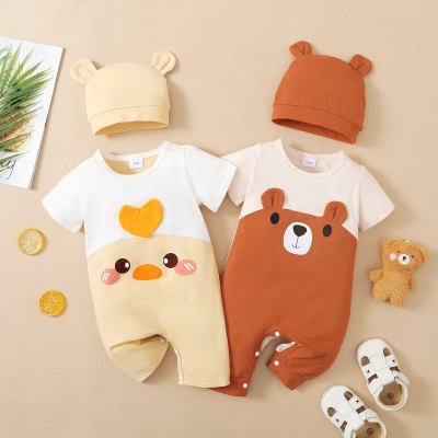 2-piece Baby Color-block Cartoon Style Short Sleeve Boxer Romper & Solid Color Infant Hat