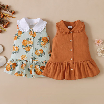 Baby Girl Solid Color Floral Patterns Ruffles Decor Dress