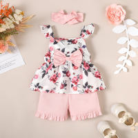 3-piece Toddler Girl Floral Printed Bowknot Decor Sleeveless Blouse & Solid Color Shorts & Bowknot Headwrap  Pink