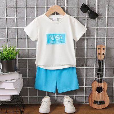 2-piece Toddler Boy Letter Printed Short Sleeve T-shirt & Solid Color Shorts
