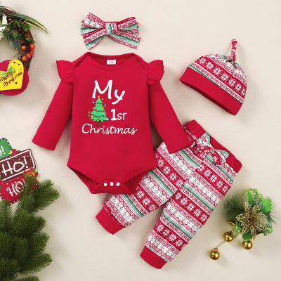 Baby Christmas Letter Pattern Long Sleeve Triangle Romper & Pants & Headband & Hat