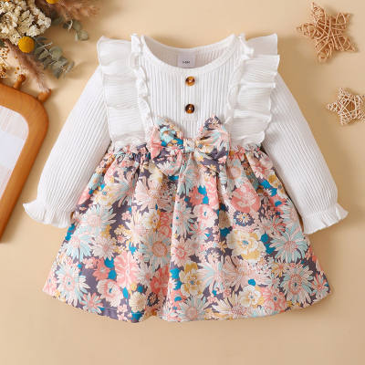 Baby Girl Ruffled Ribbed Floral Patchwork Bowknot Decor Long Sleeve Dress