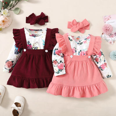 Body floral para bebé niña y falda con tirantes de color liso y diadema