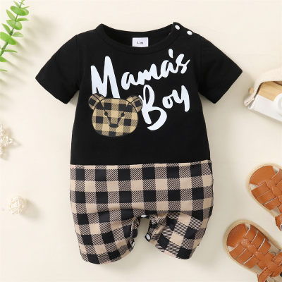 Baby Letter and Bear Printed Plaid Short Sleeve Romper