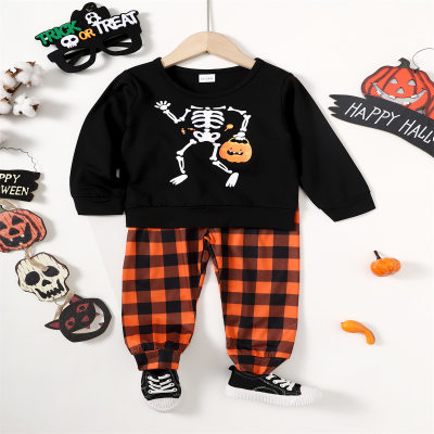 Moletom infantil com estampa de esqueleto e calças xadrez estilo Halloween para meninos de 2 peças