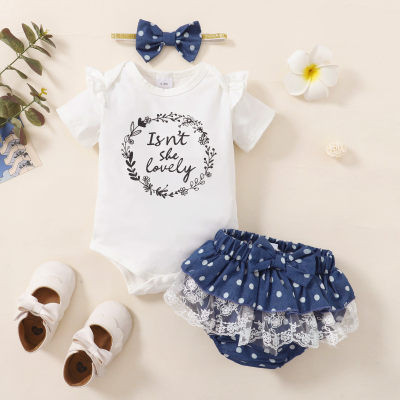 Baby Girl Floral Letter Pattern Bodysuit & Ruffle Decor Polka dot Dress Shorts & Headband