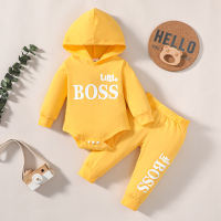 Baby Casual Letter Printed Long Sleeve Hoodie Bodysuit & Trousers  Yellow
