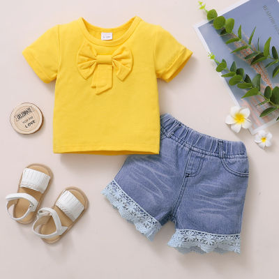 Toddler Girl Solid Bowknot Daily Top & Lace Denim Shorts