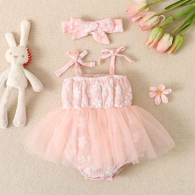 Baby Girl Cute Floral Pattern Lace Mesh Bodysuit With Headband