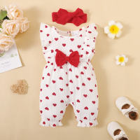 2-piece Baby Girl Pure Cotton Allover Heart Printed Bowknot Decor Sleeveless Boxer Romper & Bowknot Headwrap  White
